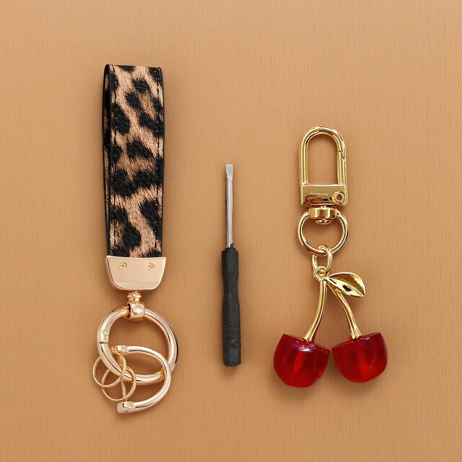 Angyape Cherry Keychain Wristlet Leather Car Keychain for Women Cute Purse Bag Charms Key Fob Holder with Keyrings Gifts