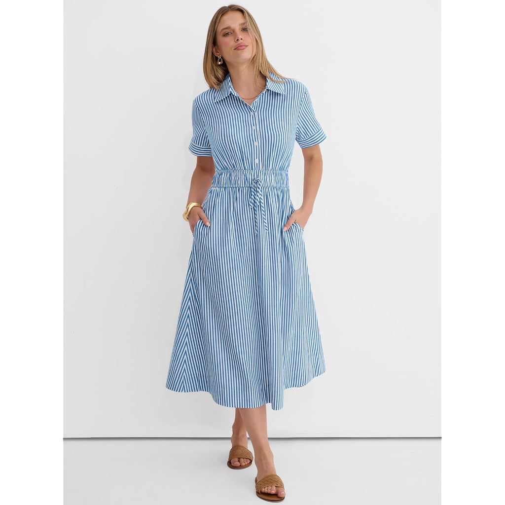 Anrabess Women Summer Short Sleeve Midi Dress, Striped & Gingham, Casual A-Line Button Collar Shirt Dress, Beach & Vacation