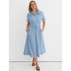 Anrabess Women Summer Short Sleeve Midi Dress, Striped & Gingham, Casual A-Line Button Collar Shirt Dress, Beach & Vacation