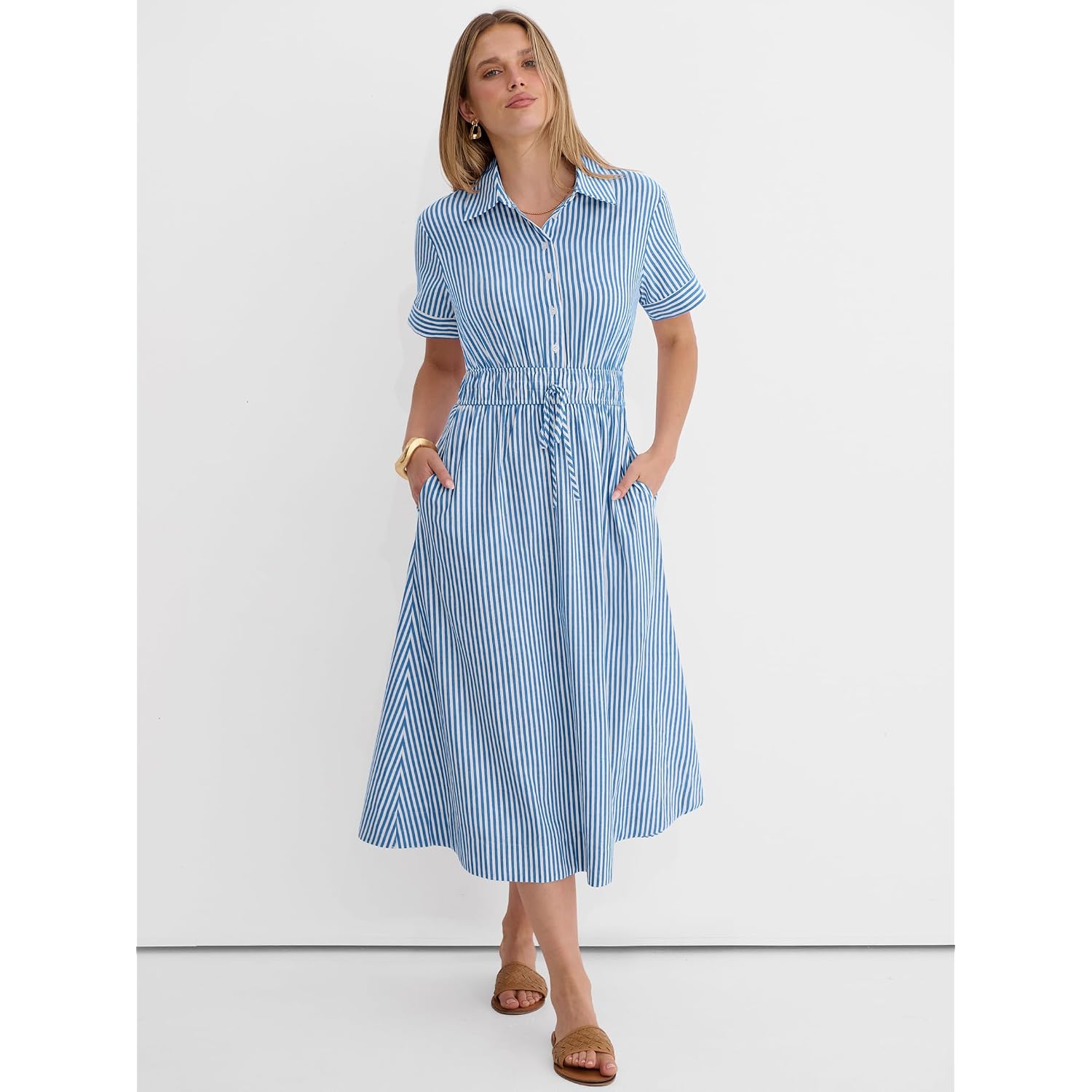 Anrabess Women Summer Short Sleeve Midi Dress, Striped & Gingham, Casual A-Line Button Collar Shirt Dress, Beach & Vacation