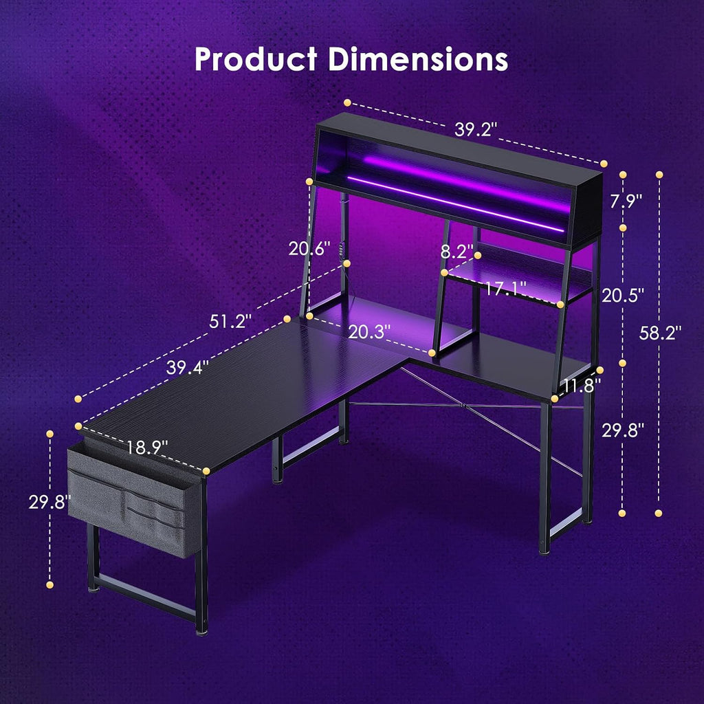 Aodk L Shaped Gaming Desk With Led Lights, 51 Inch Reversible Gaming Computer Desk With Display Shelves, Pc Gamer Desk Gamer Table With Storage Bag, L Desk For Game, Black