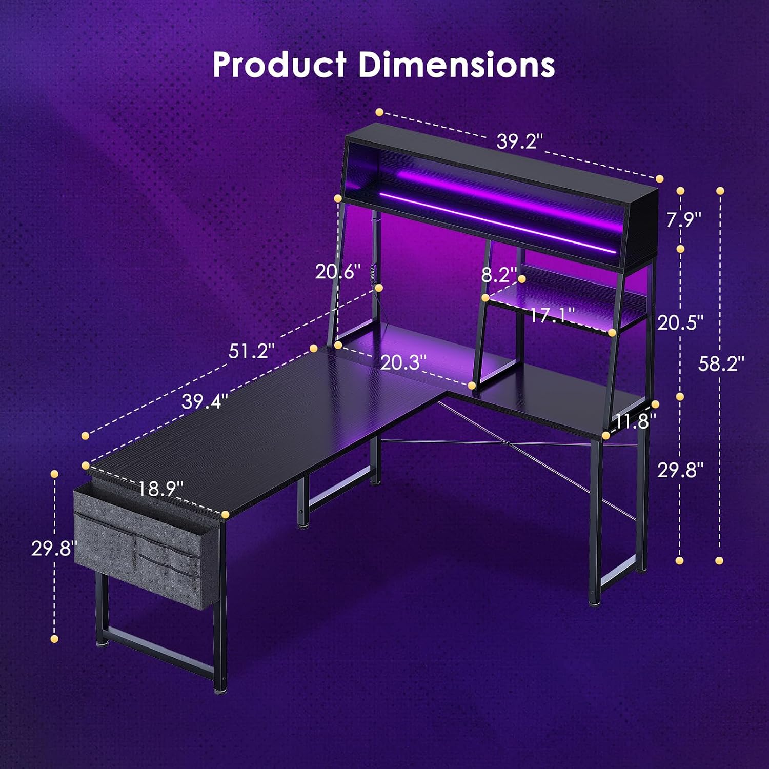 Aodk L Shaped Gaming Desk With Led Lights, 51 Inch Reversible Gaming Computer Desk With Display Shelves, Pc Gamer Desk Gamer Table With Storage Bag, L Desk For Game, Black