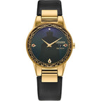 Citizen Ladies' Eco-Drive Disney Villians Evil Queen Gold Stainless Steel Case And Black Leather Strap Watch And Pin Gift Set, Black Dial,Crystal Accent,Date (Model: Ga1082-46W)