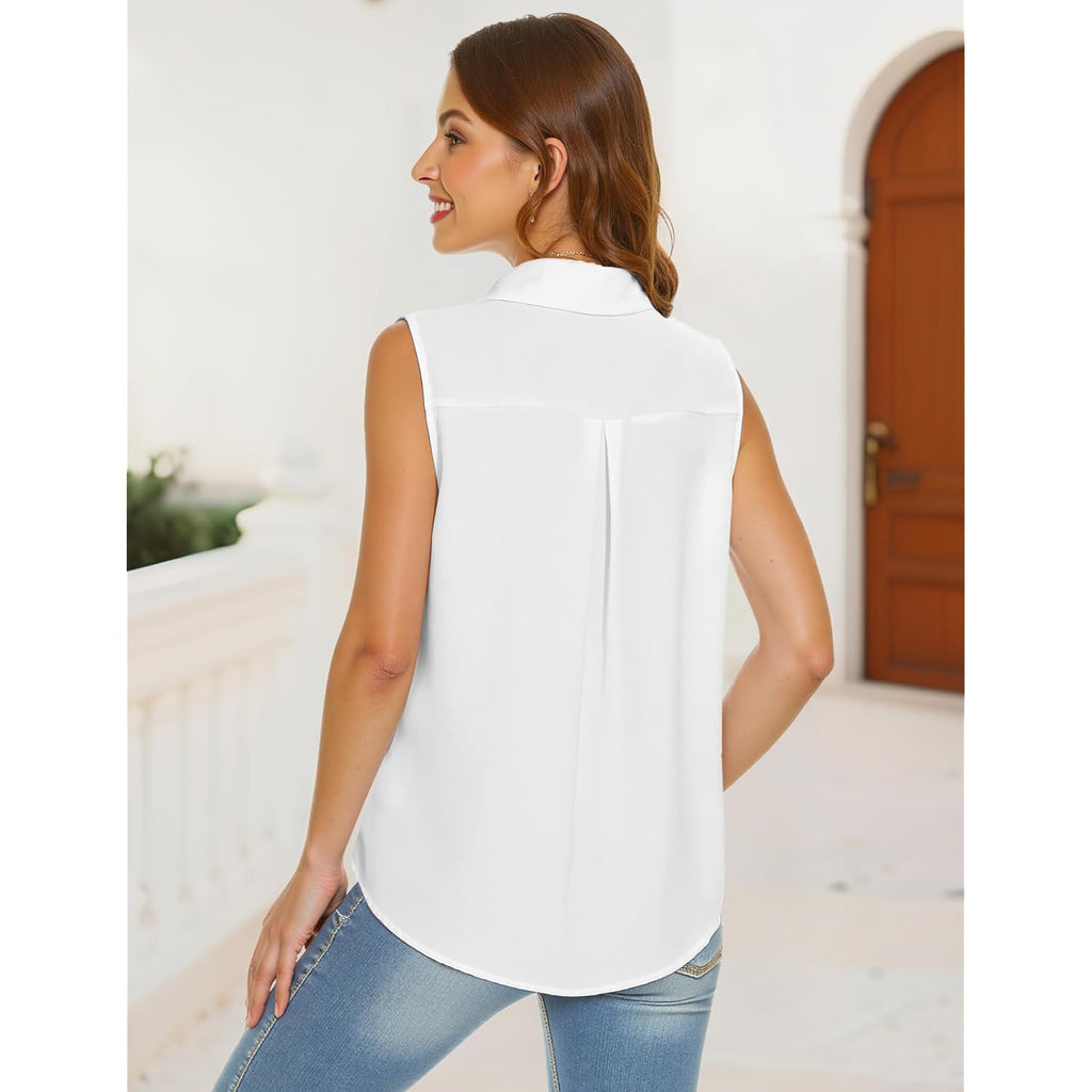 Women's Sleeveless Button Down Blouse, Solid V Neck Classic Collared Tank Top, Casual Work Office Chiffon Shirt