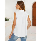 Women's Sleeveless Button Down Blouse, Solid V Neck Classic Collared Tank Top, Casual Work Office Chiffon Shirt