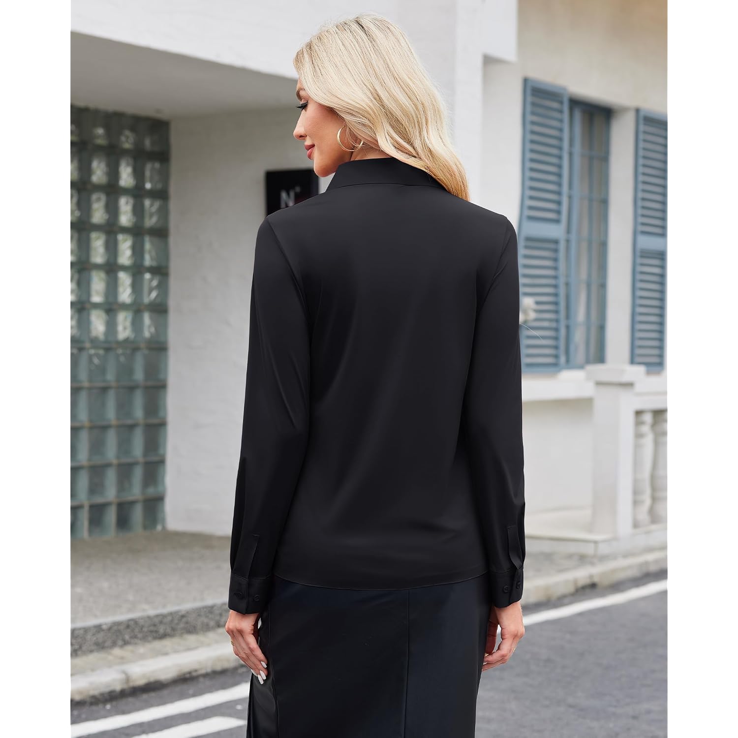 Siliteelon Button Down Shirts For Women Stretch Long Sleeve Fitted Business Casual Collar Tops Work Wrinkle Free