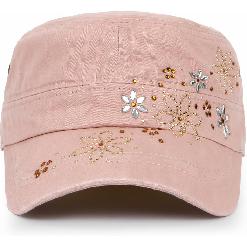 Ililily Rhinestone Cotton Cadet Cap Vintage Distressed Cotton Military Army Hat