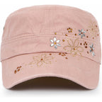Ililily Rhinestone Cotton Cadet Cap Vintage Distressed Cotton Military Army Hat