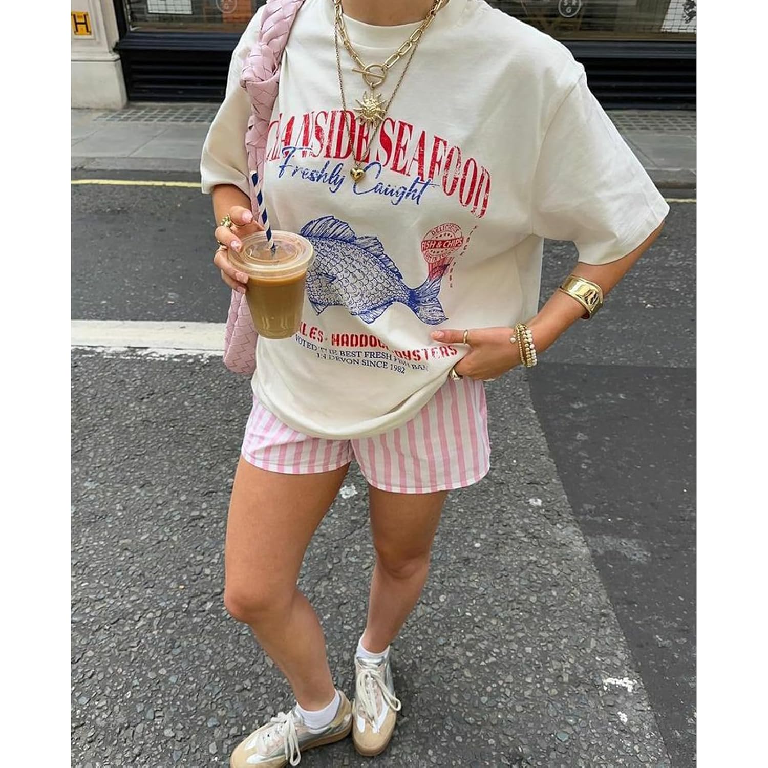 Women Cute Graphic Oversized Tees Fish Lobster Printed Y2K Baggy T Shirts Teen Girls Preppy Vintage Aesthetic Summer Tops Blue Fish
