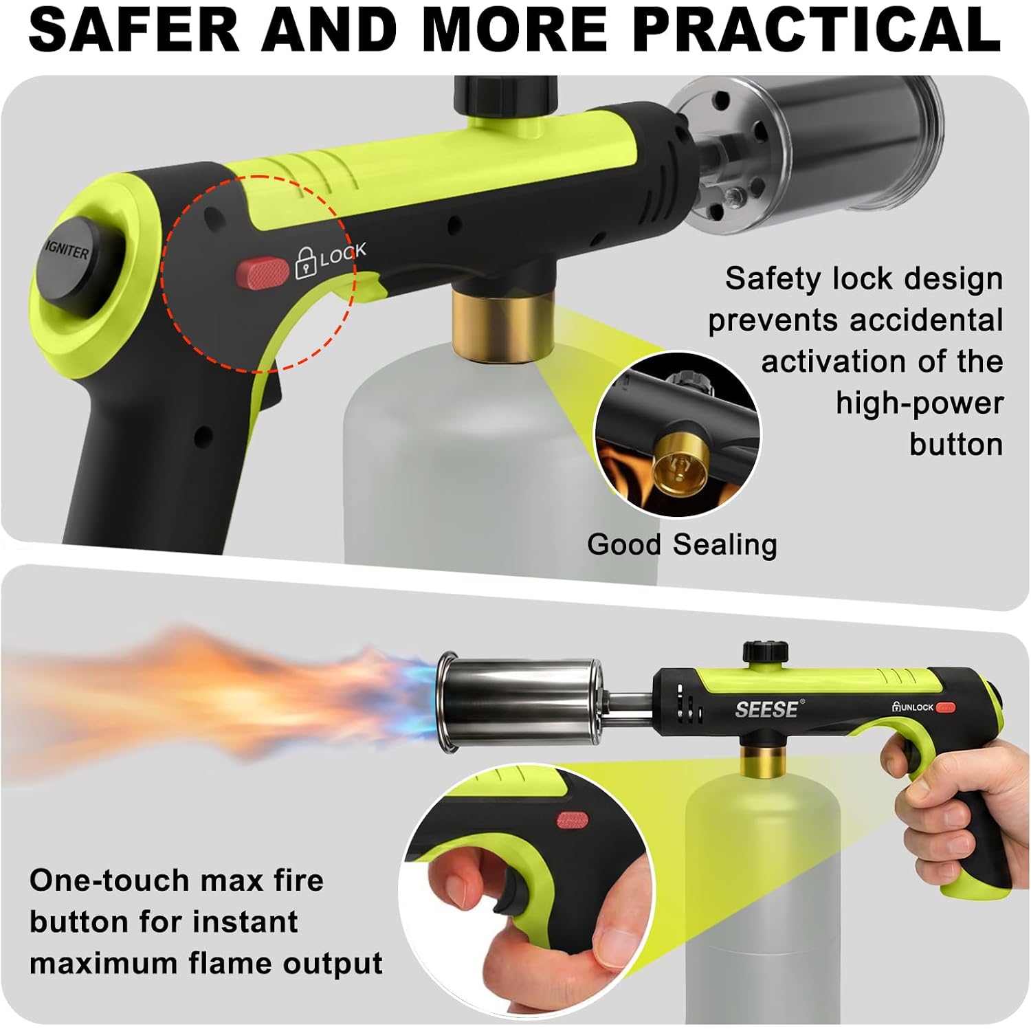Powerful Propane Torch Gun,Kitchen Cooking Torch With One-Touch Max Fire, Charcoal Lighter With A Safety Lock, Adjustable Blow Torch For Sous Vide, Bbq, Campfire, Fireplace(Tank Not Included)