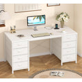 50 Inch White Computer Desk With 8 Drawers, Home Office Desk With Power Outlets, Work Study Gaming Desk With 8 Fabric Drawers, White