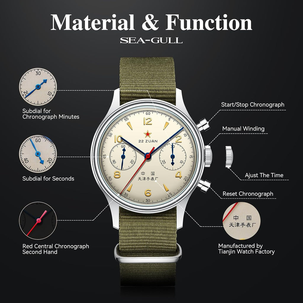Sea-Gull Men'S Mechanical Wristwatch, Seagull 1963 Aviation Chronograph Pilot Mechanical Watch, Manual Winding, Gd 1963 International Edition, St1901