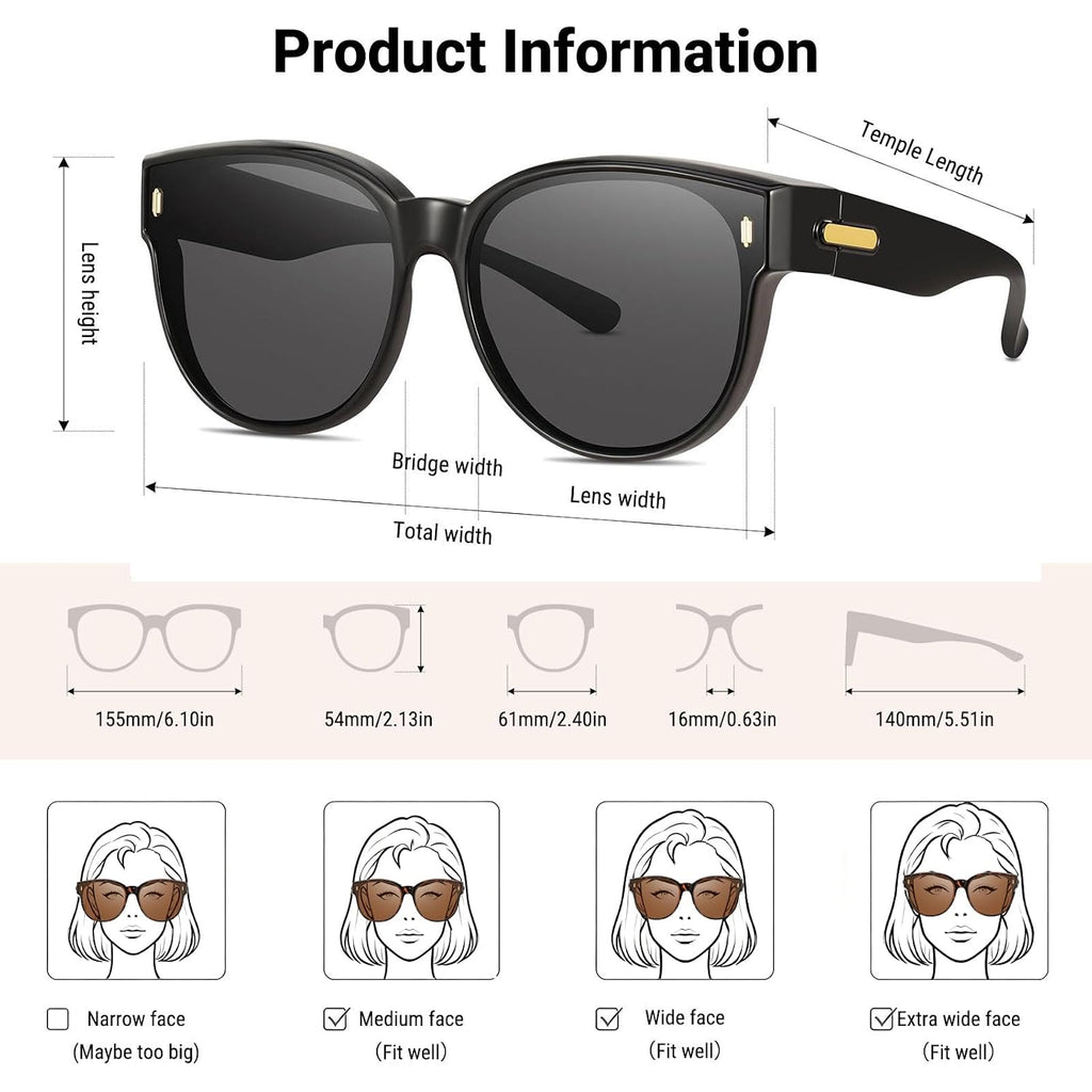 Polarized Fit Over Glasses Sunglasses for Women Stylish Oversized Cover Round UV400 Cat Eye Shades for go out Driving （black/Black+purple/Black）