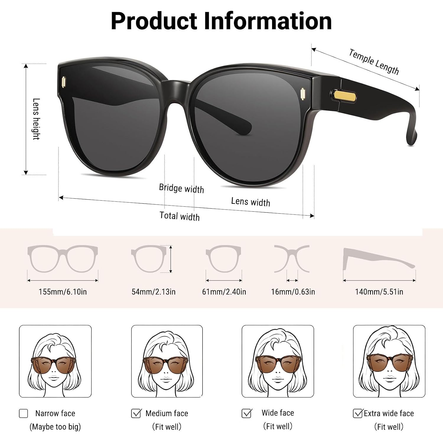 Polarized Fit Over Glasses Sunglasses for Women Stylish Oversized Cover Round UV400 Cat Eye Shades for go out Driving （black/Black+purple/Black）