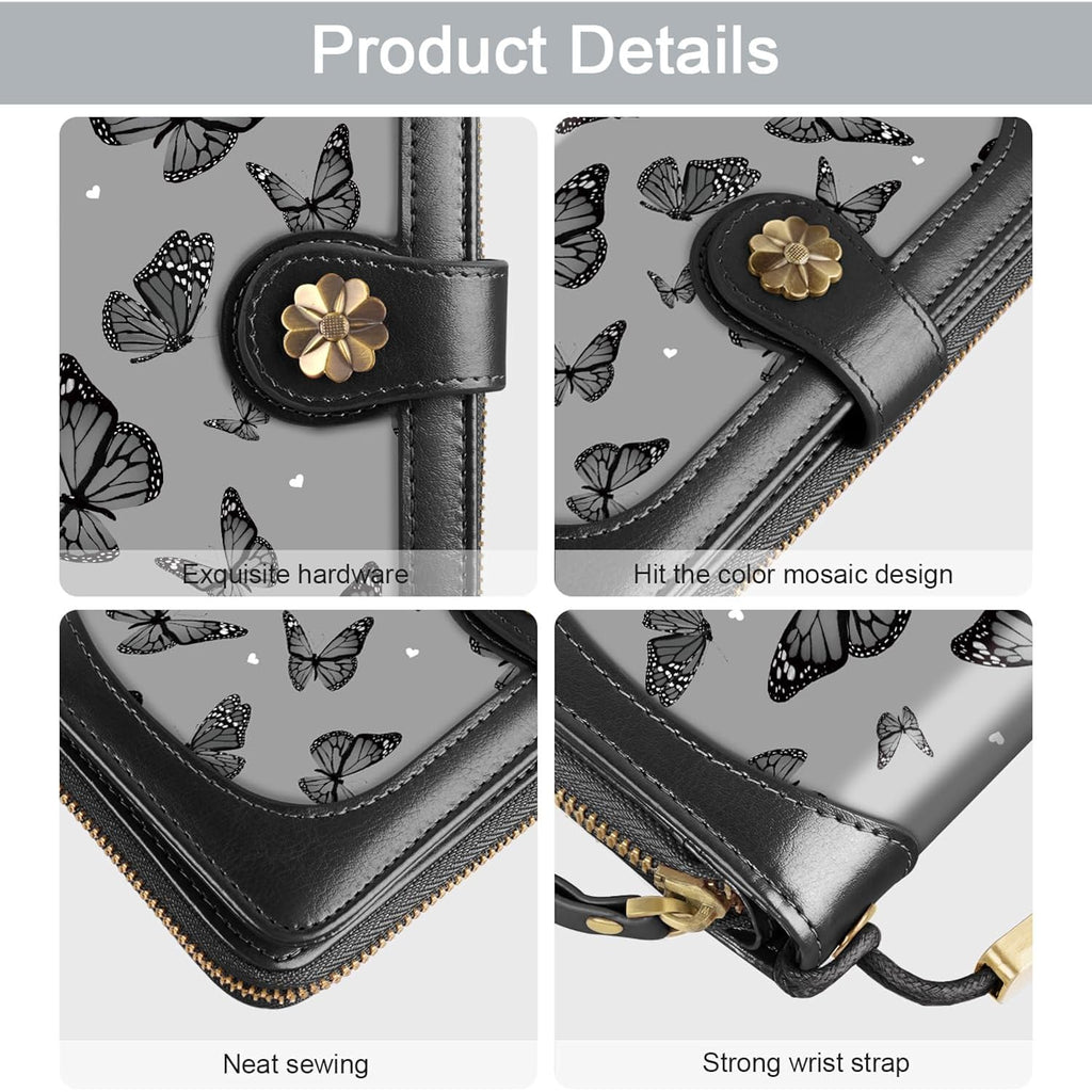 Coco Rossi Women Wallets Multi Card Case Wallet Clutch Wallet Card Holder Organizer Ladies Purse Wrist strap Purse, Black Butterfly