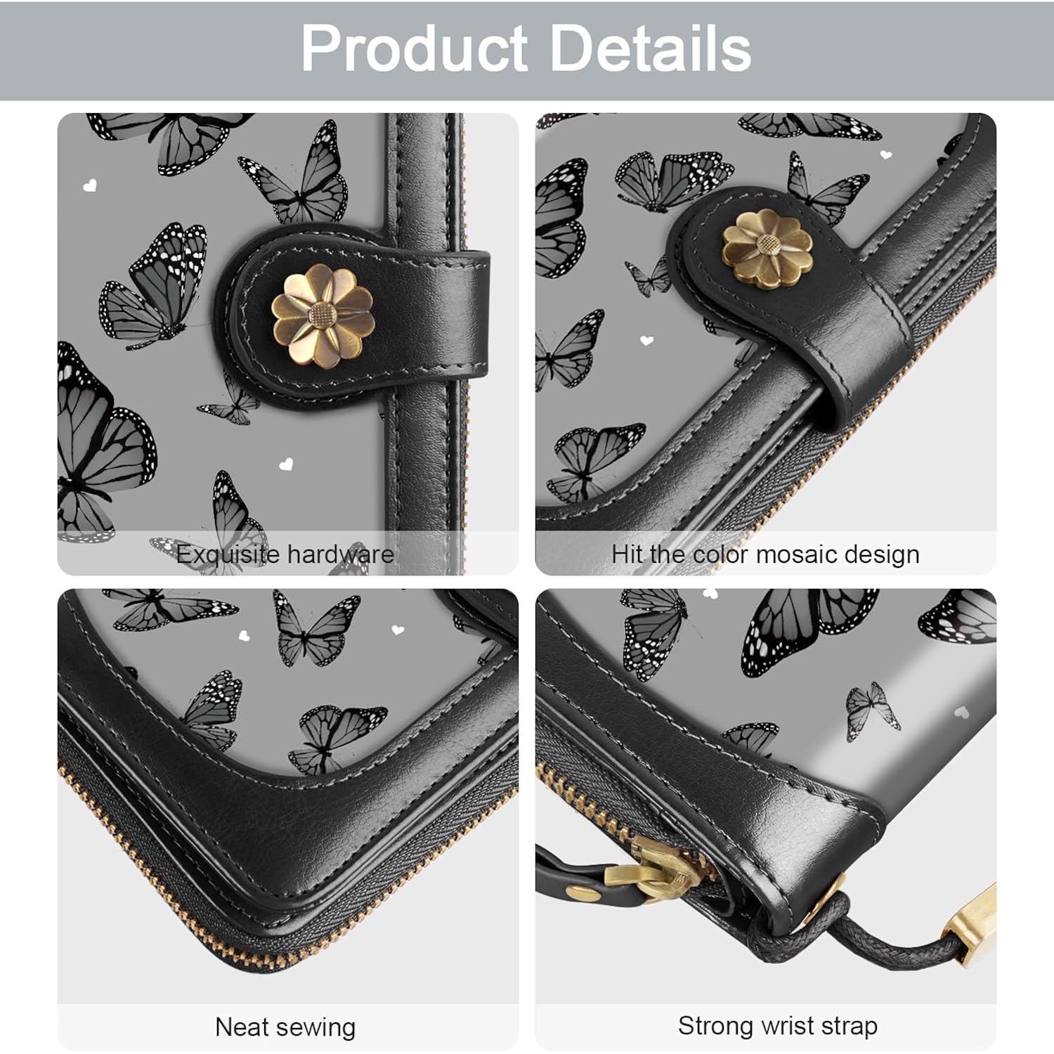 Coco Rossi Women Wallets Multi Card Case Wallet Clutch Wallet Card Holder Organizer Ladies Purse Wrist strap Purse, Black Butterfly