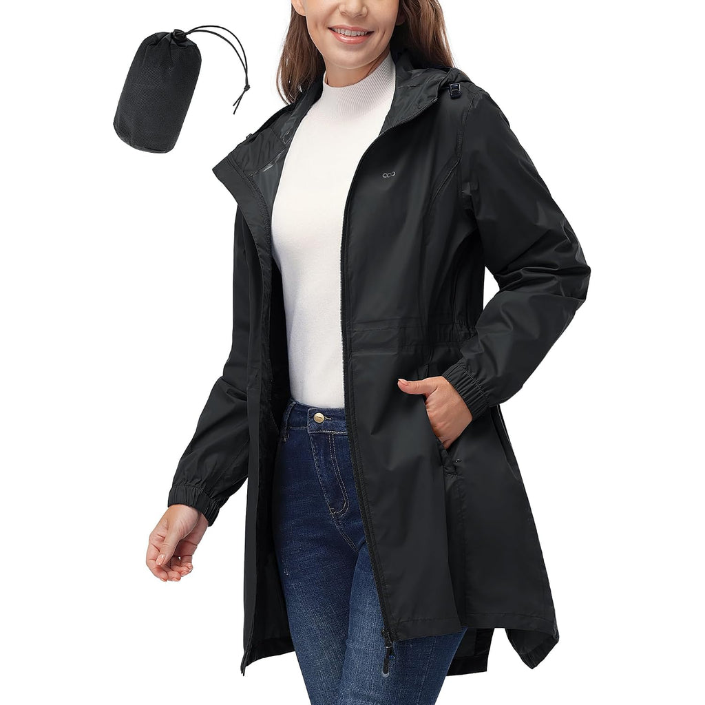 33,000Ft Women'S Waterproof Long Rain Coats Packable Rain Jacket With Hood Trench Coats Windbreaker