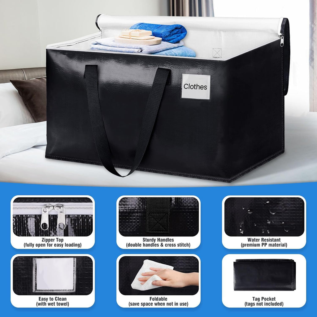 Collapsible Moving Bags - Heavy Duty Boxes With Zippers And Handles, Space Saving Packing Totes For Moving Supplies Storage (93L, 6-Pack, Black)