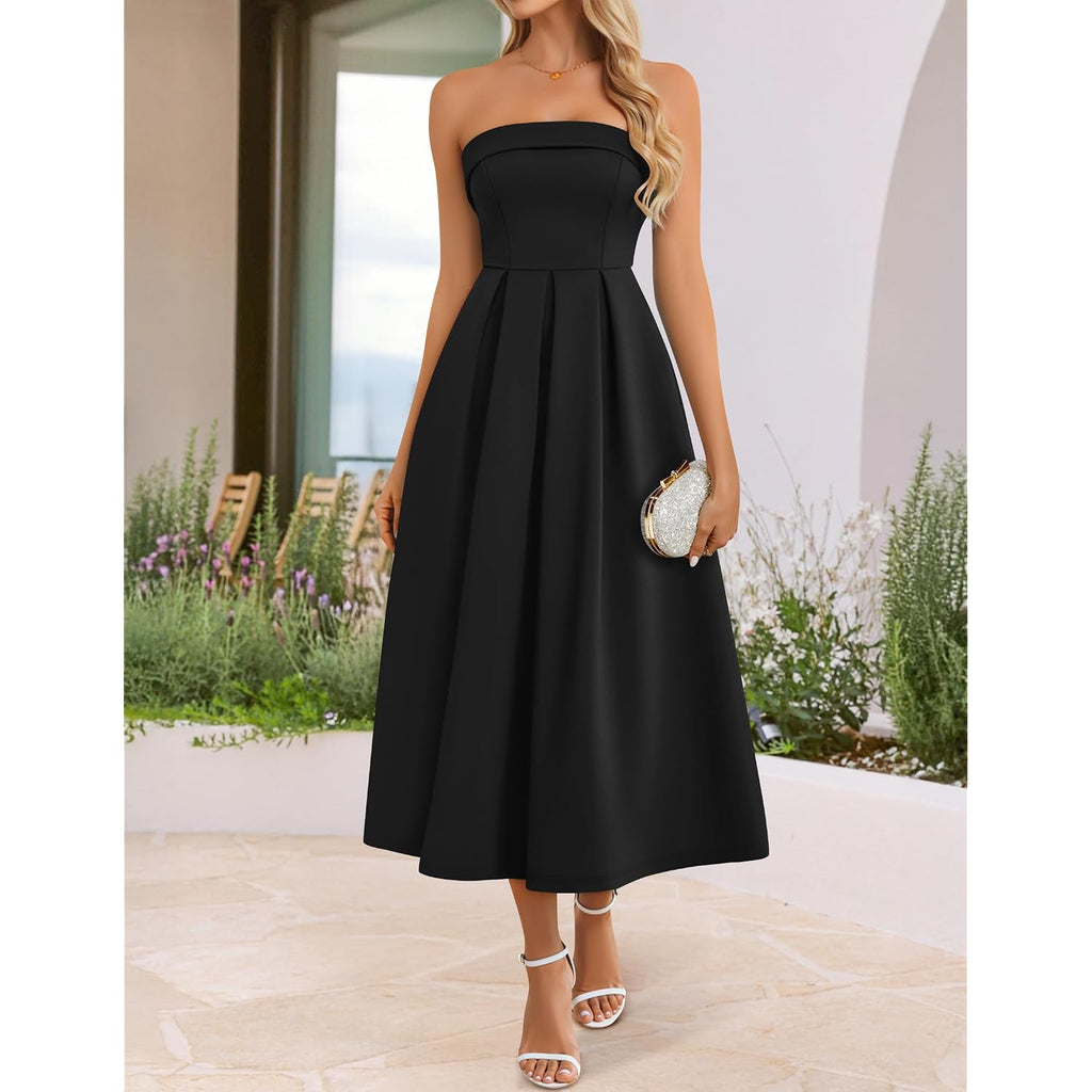 Zesica Women'S Summer Strapless Cocktail Dresses 2026 Elegant Off Shoulder Flowy A Line Wedding Guest Party Midi Dress
