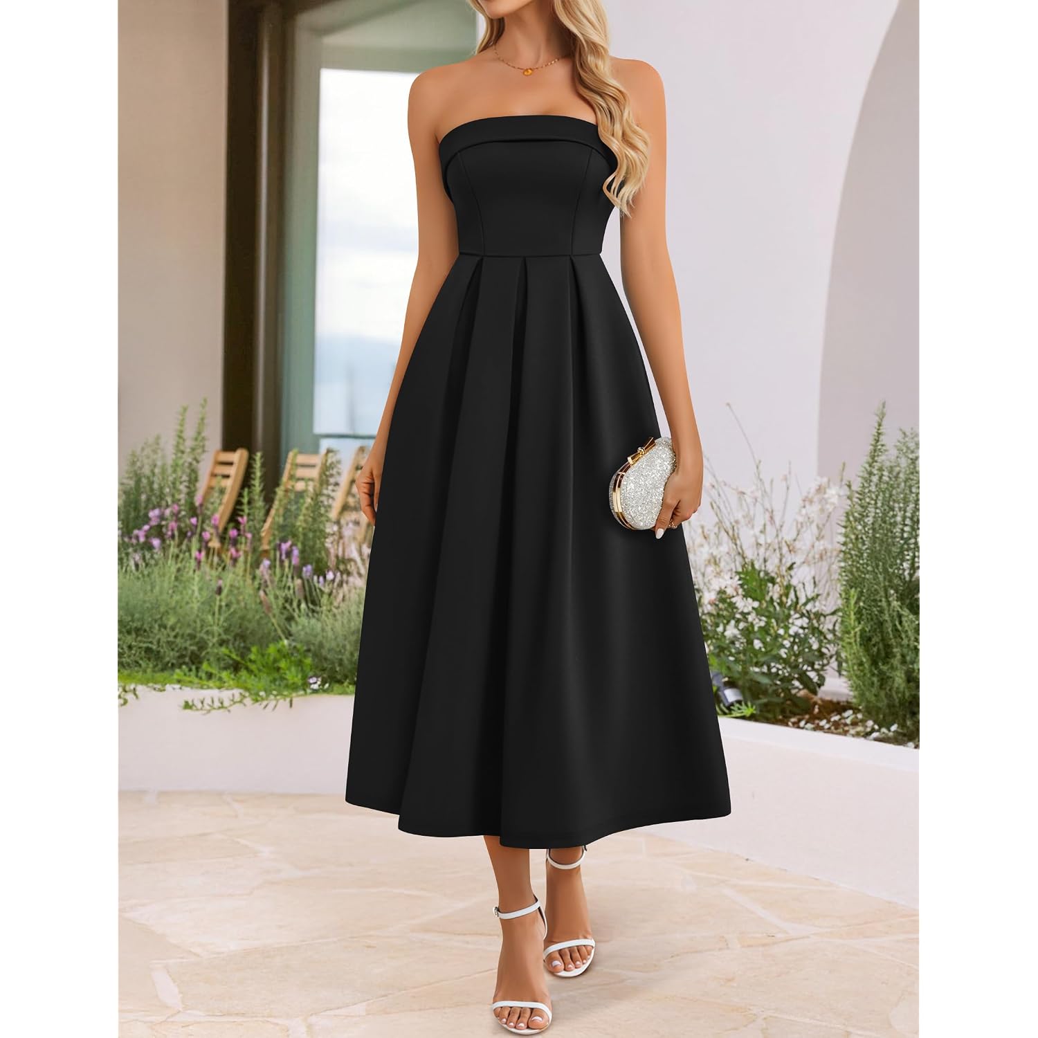 Zesica Women'S Summer Strapless Cocktail Dresses 2026 Elegant Off Shoulder Flowy A Line Wedding Guest Party Midi Dress