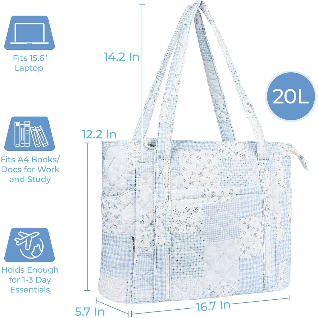 Wobagmen Quilted Tote Bag For Women, Floral Quilted Tote Bag With Zipper, Cute Shoulder Bag For Work, Travel, Gym