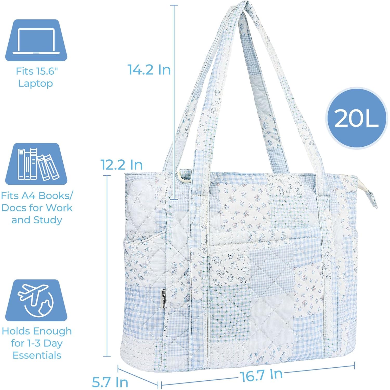 Wobagmen Quilted Tote Bag For Women, Floral Quilted Tote Bag With Zipper, Cute Shoulder Bag For Work, Travel, Gym