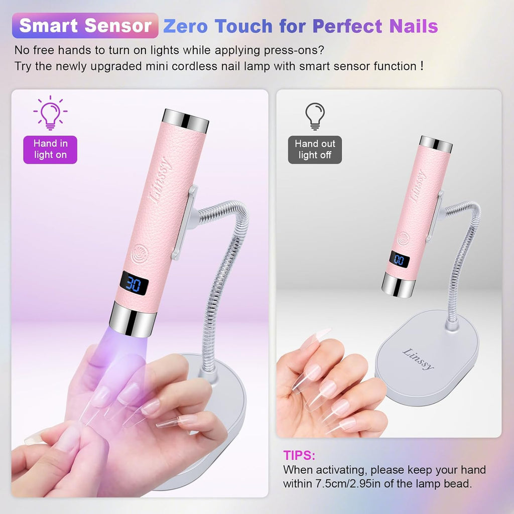 Linssy Mini UV Light for Nails with Auto Sensor & Gooseneck Stand,Portable Cordless Nail Lamp Flash Cure Lamp with LCD Display,Handheld UV Light for Gel Nails at Salon & Home Use (Pink)