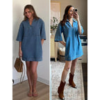Fisoew Womens Denim Shirt Dress Summer Collared V Neck Mini Casual Jean Dresses With Pockets