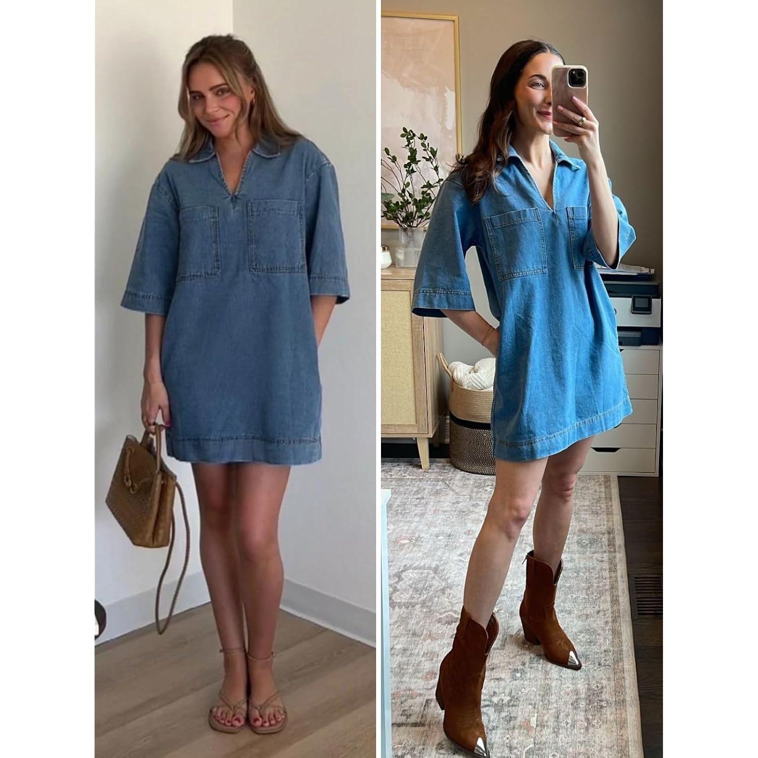 Fisoew Womens Denim Shirt Dress Summer Collared V Neck Mini Casual Jean Dresses With Pockets