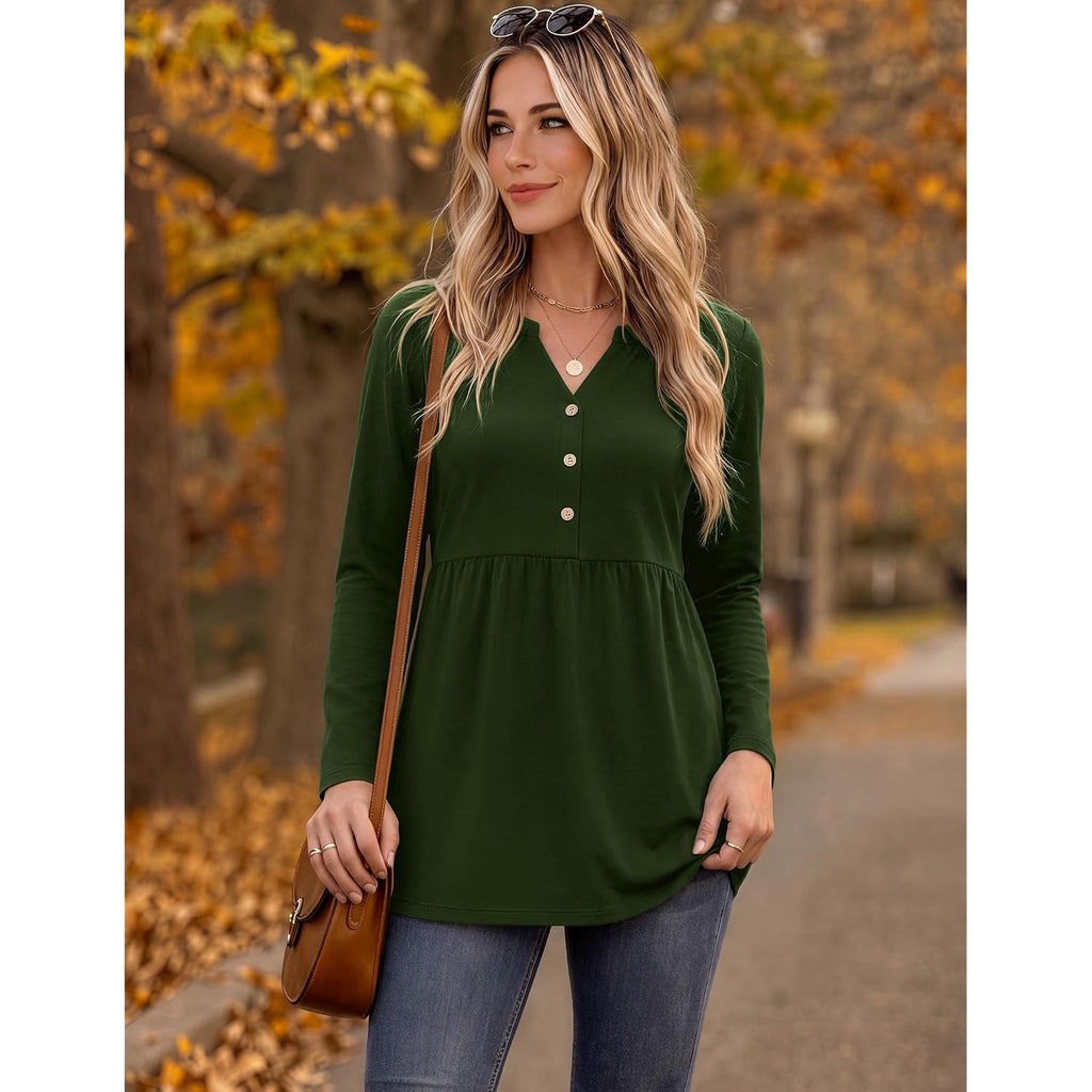 Zeagoo Women Blouses Long Sleeve Shirts Boho Henley V Neck Tops Business Casual Loose Pleated Fashion Clothing