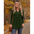 Zeagoo Women Blouses Long Sleeve Shirts Boho Henley V Neck Tops Business Casual Loose Pleated Fashion Clothing