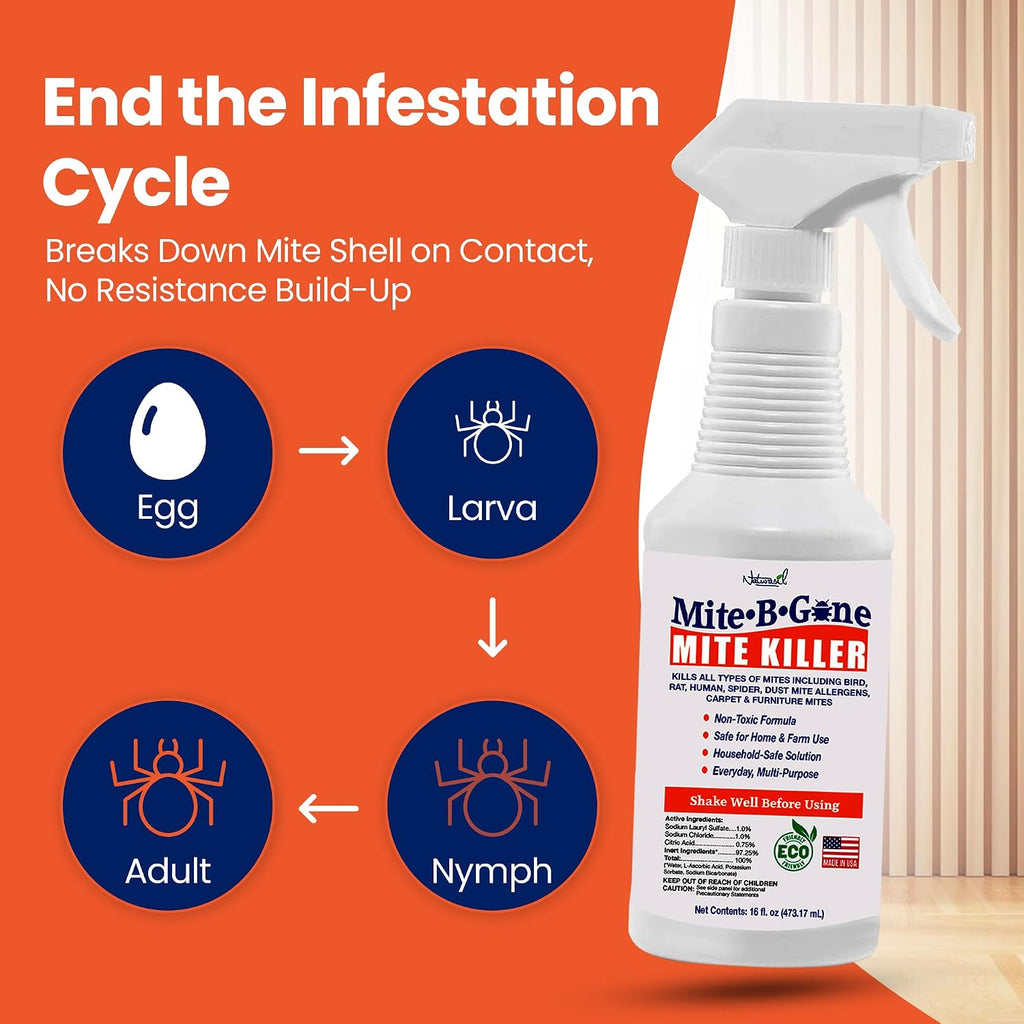 Dust Mite Killer Spray By Mite-B-Gone 16Oz | Naturally Kills Human Mites, Chicken, Bird, Dust, Spider, Rat, Turkey, Carpet Mites | Family & Pet Safe Treatment For Homes, Furniture, Bedding & Farms