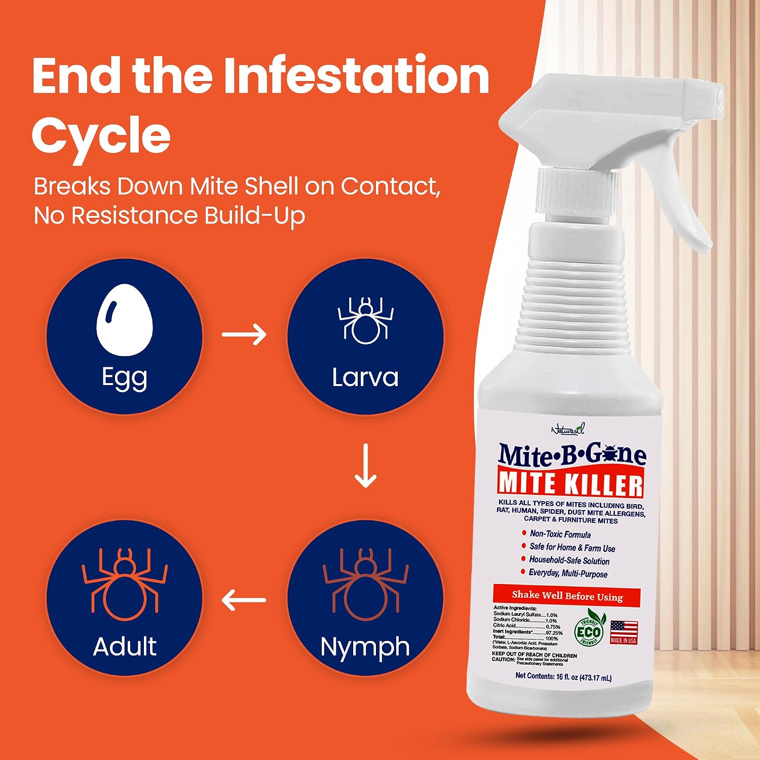 Dust Mite Killer Spray By Mite-B-Gone 16Oz | Naturally Kills Human Mites, Chicken, Bird, Dust, Spider, Rat, Turkey, Carpet Mites | Family & Pet Safe Treatment For Homes, Furniture, Bedding & Farms