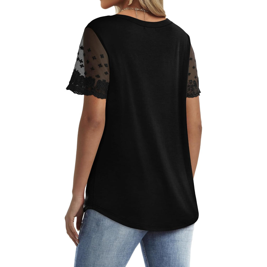 OFEEFAN Casual V Neck T Shirts for Women Lace Short Sleeve Curved Hem Tops Loose Fit