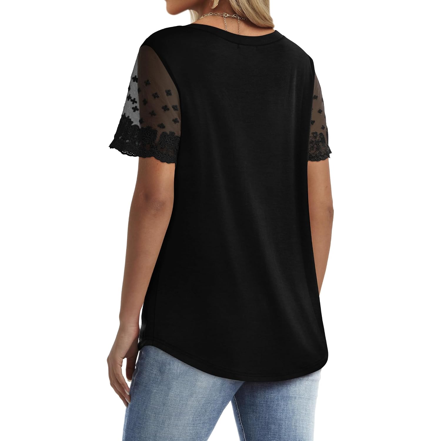 OFEEFAN Casual V Neck T Shirts for Women Lace Short Sleeve Curved Hem Tops Loose Fit
