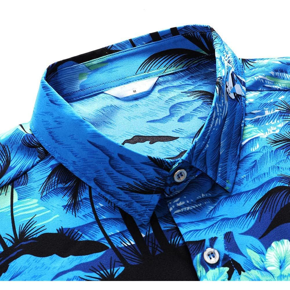 Men'S Hawaiian Shirt Funky Blue Beach Printed Tropical Beach Shirt Casual Button Down Short Sleeve Floral Shirts Tops