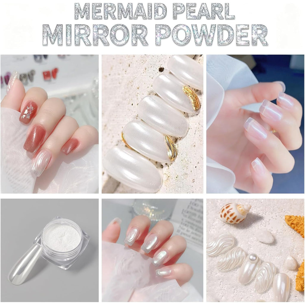 White Pearl Chrome Nail Powder, Iridescent Aurora Chrome Powder Metallic Mirror Effect, Pearlescent Mermaid Dip Powder Nail Art Decoration, Chrome Powder for Nails, Nail Charms, 3g(300+ Nails)