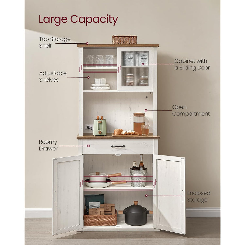 Vasagle Liry Collection - Pantry Cabinet With Lights And Charging Station, Kitchen Storage Cabinet With Doors And Drawer, 15.6 X 31.7 X 71.1 Inches, Farmhouse Style, Rustic White Ubbk363W12V2