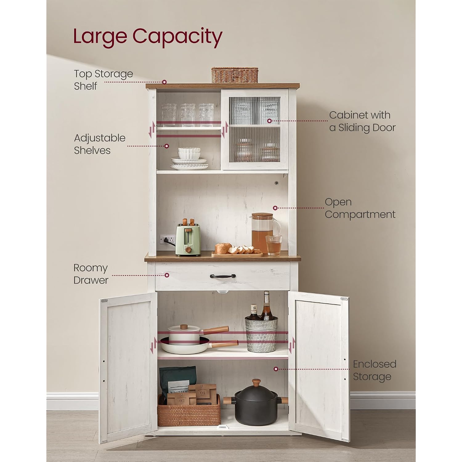 Vasagle Liry Collection - Pantry Cabinet With Lights And Charging Station, Kitchen Storage Cabinet With Doors And Drawer, 15.6 X 31.7 X 71.1 Inches, Farmhouse Style, Rustic White Ubbk363W12V2