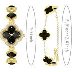 2 Pieces Women Gold Watch Bracelet Set Lucky Clover Bracelet Watch Jewelry Set 18K Gold Plated Wristwatch Flower Design Four Leaf Bracelets for Women