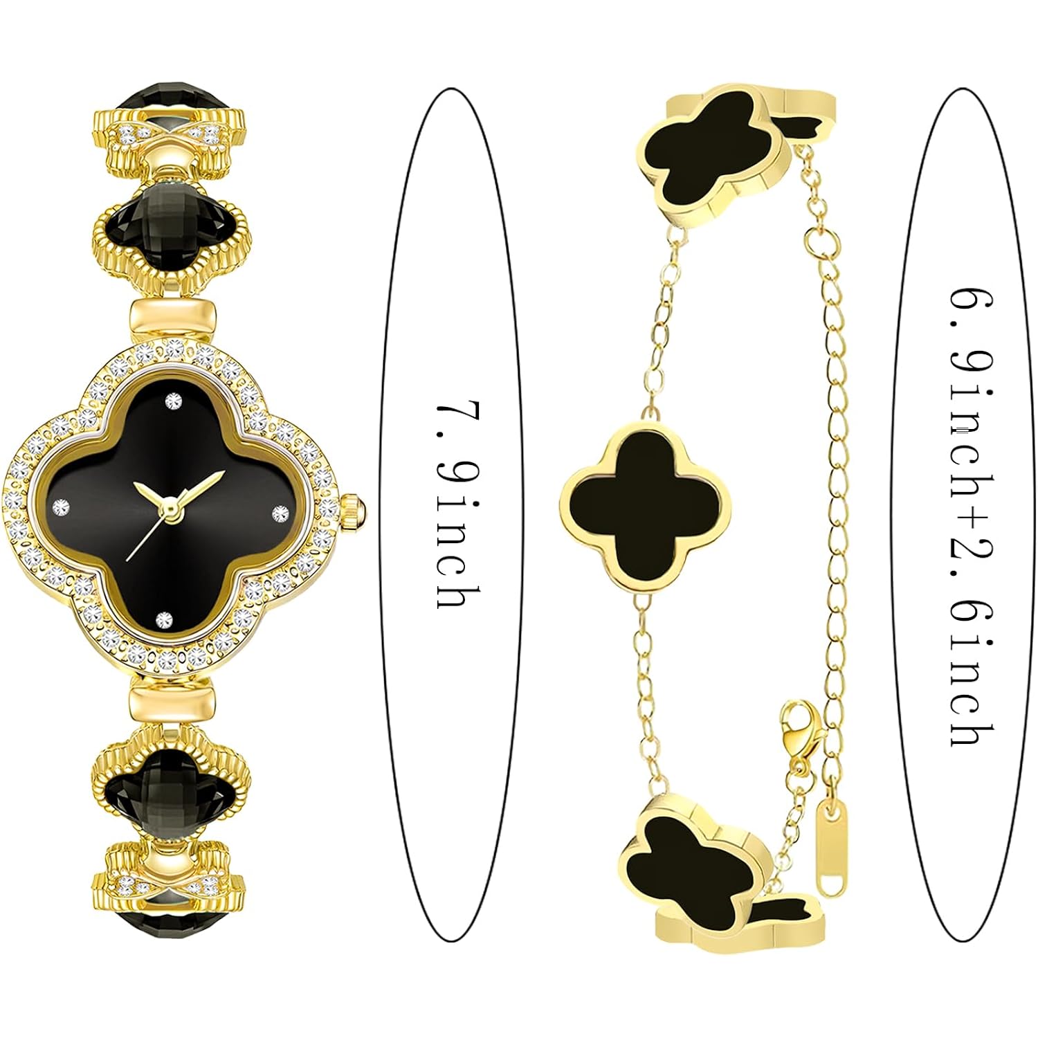 2 Pieces Women Gold Watch Bracelet Set Lucky Clover Bracelet Watch Jewelry Set 18K Gold Plated Wristwatch Flower Design Four Leaf Bracelets for Women
