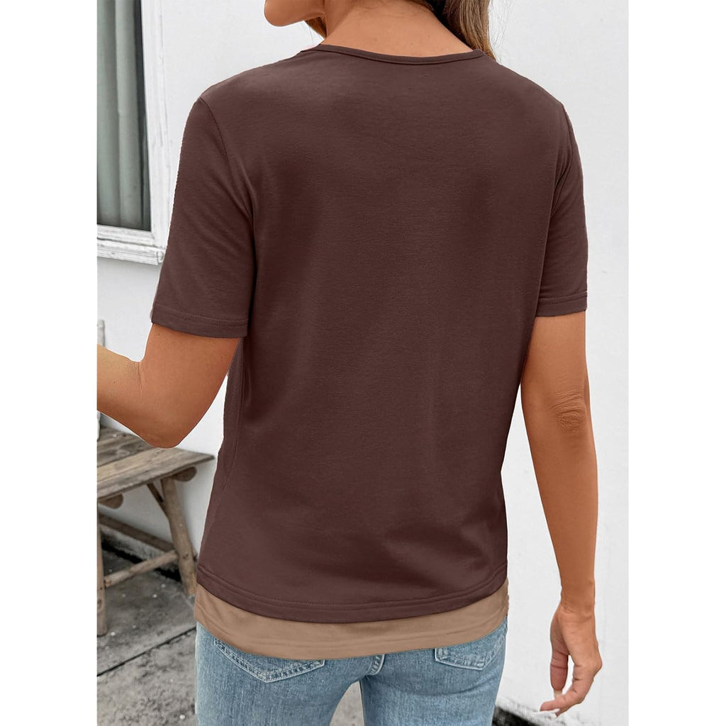 SHEWIN Womens Tops Casual Crewneck Color Block Short Sleeve Mock Double Layer T-Shirt Summer Outfits for Women 2026