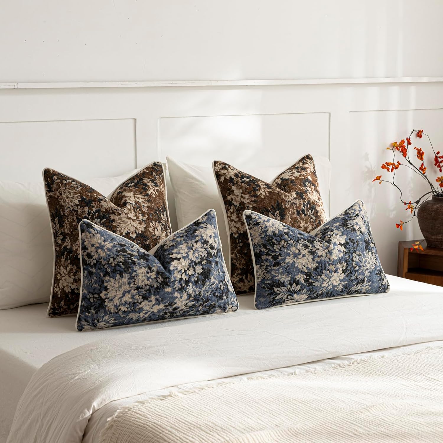 Pack Of 2 Vintage Floral Throw Pillow Covers 18X18 Boho Farmhouse Accents Chenille Square Decorative Pillow Cases For Living Room Couch Bed Home Decor, Dark Brown