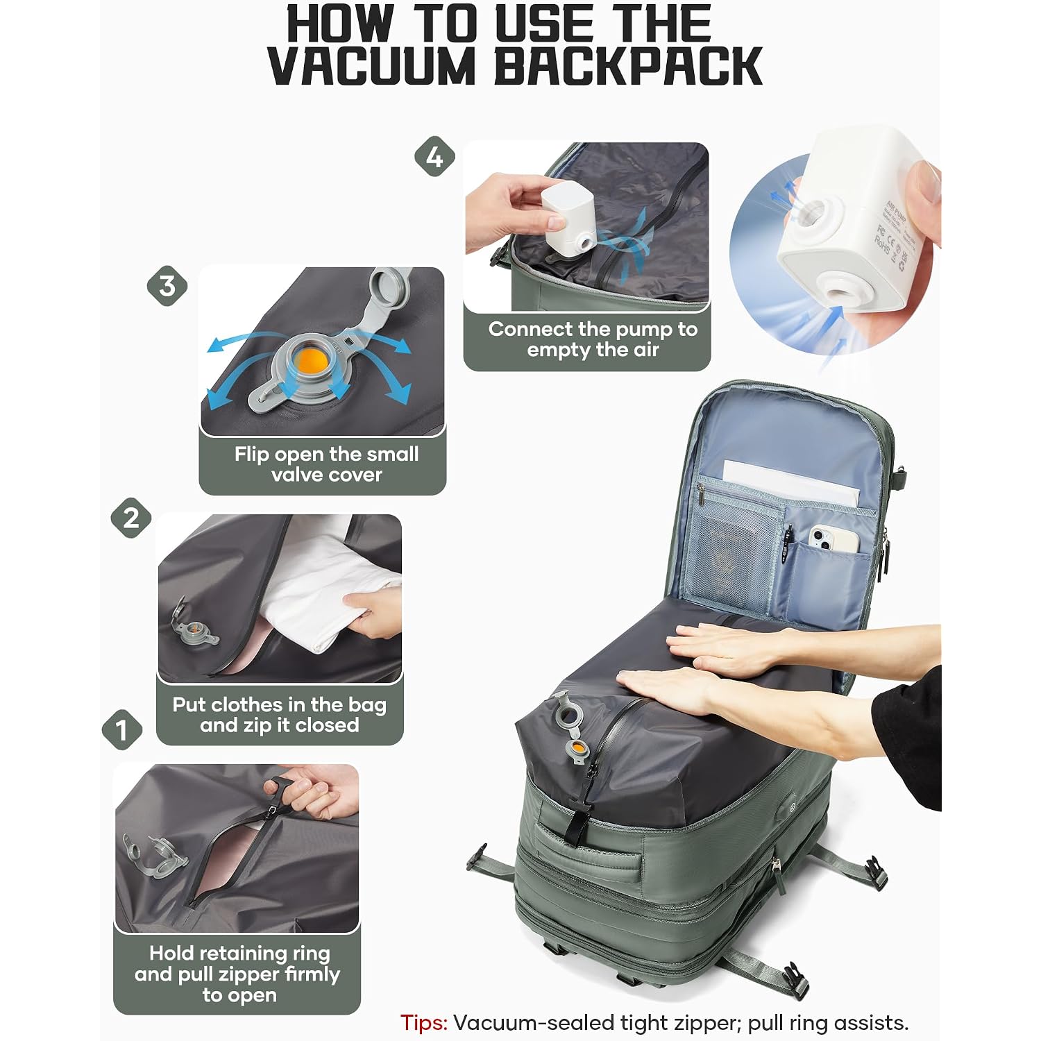 Wepadre Vacuum Backpack Travel With Pump Travel Backpack With Vacuum System Expandable Vacpack Compression Backpacks For Travel Easy Vac Pack Carry On Luggage