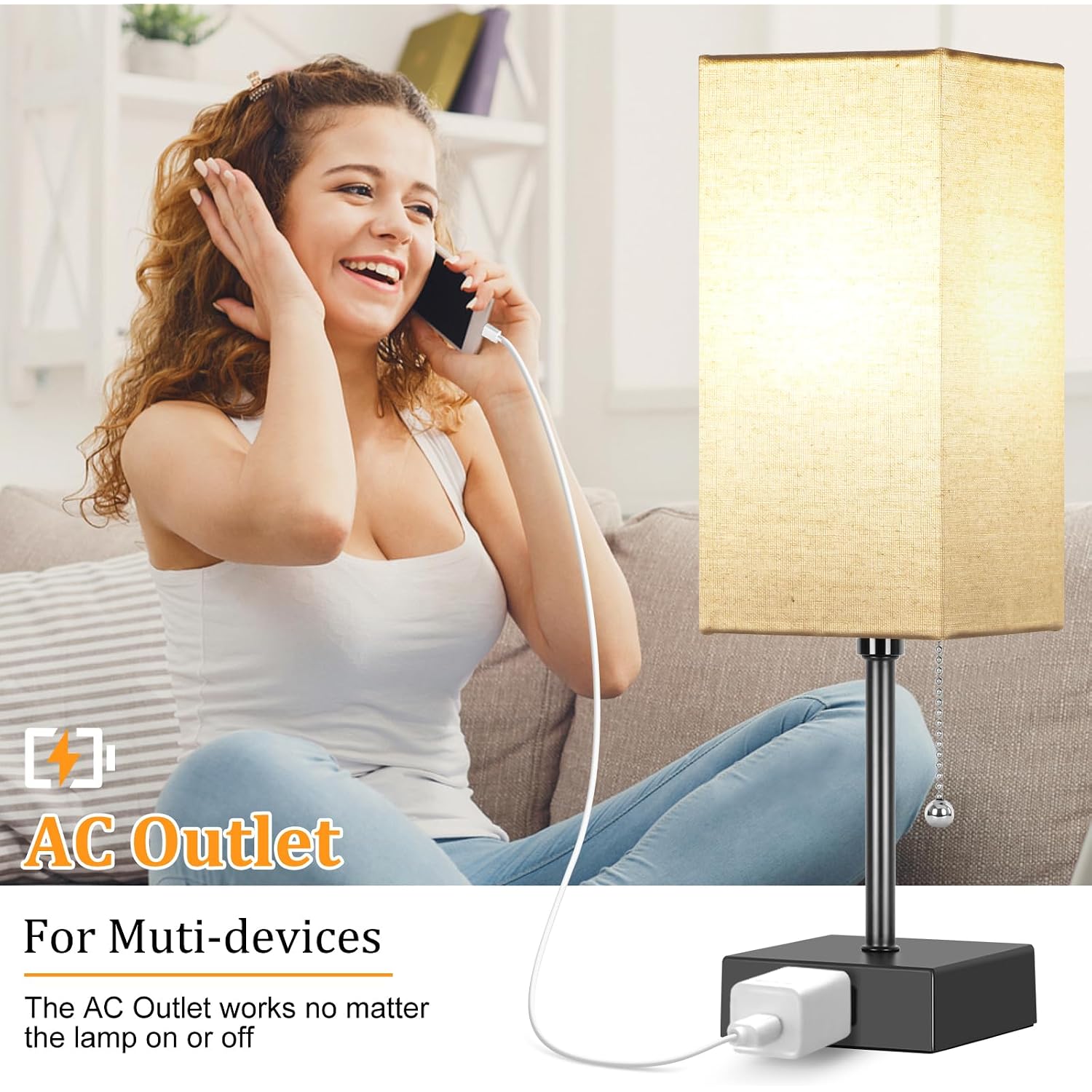 15'' Bedside Table Lamp For Bedroom Small Night Light Lamps For Night Stand | Pull Chain Table Lamps For Night Stands With Ac Outlet，Desk Lamp With 2 Bulbs Lamp For Living Room Kids Room Office Decor