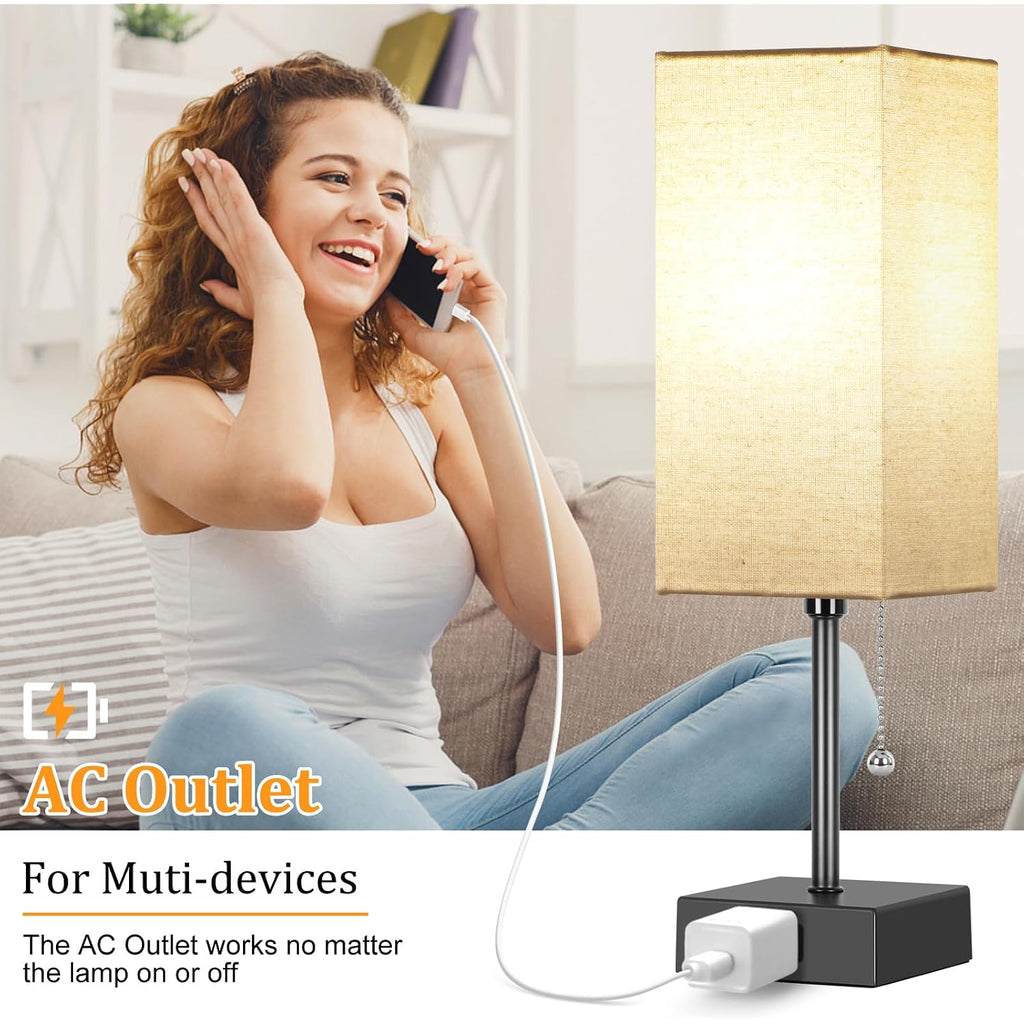 15'' Bedside Table Lamp For Bedroom Small Night Light Lamps For Night Stand | Pull Chain Table Lamps For Night Stands With Ac Outlet，Desk Lamp With 2 Bulbs Lamp For Living Room Kids Room Office Decor