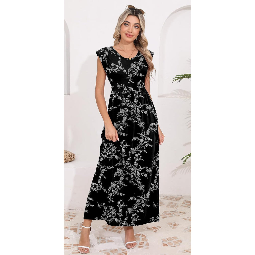 Db Moon Womens 2026 Maxi Dresses Empire Waist Long Summer Dress Casual Cap Short Sleeve Sundress With Pockets