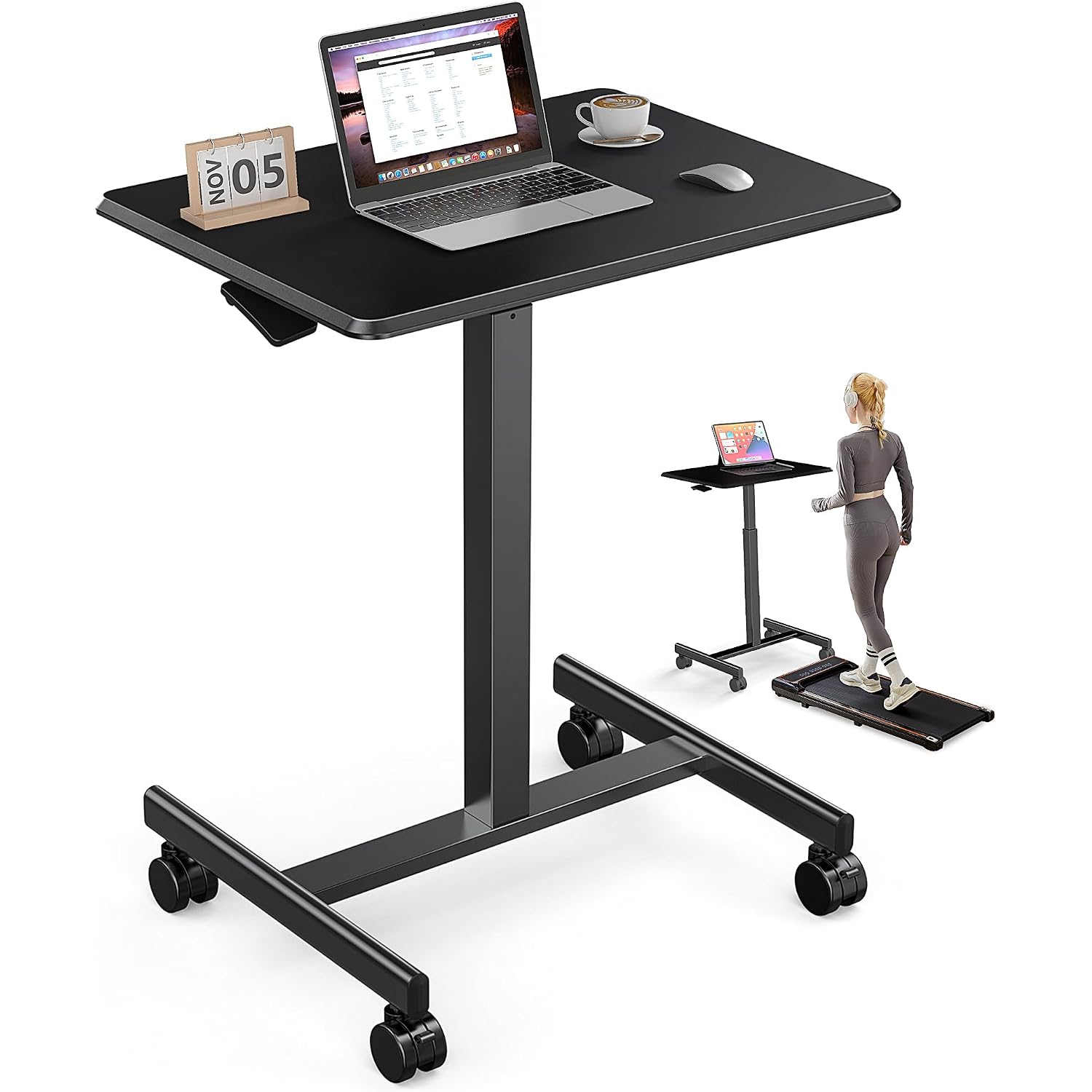 Dumos Mobile Rolling Desk With Wheels Adjustable Height | Small Standing Desks Portable Laptop Pc Table, Computer Workstation For Home Office Small Space, Modern Black