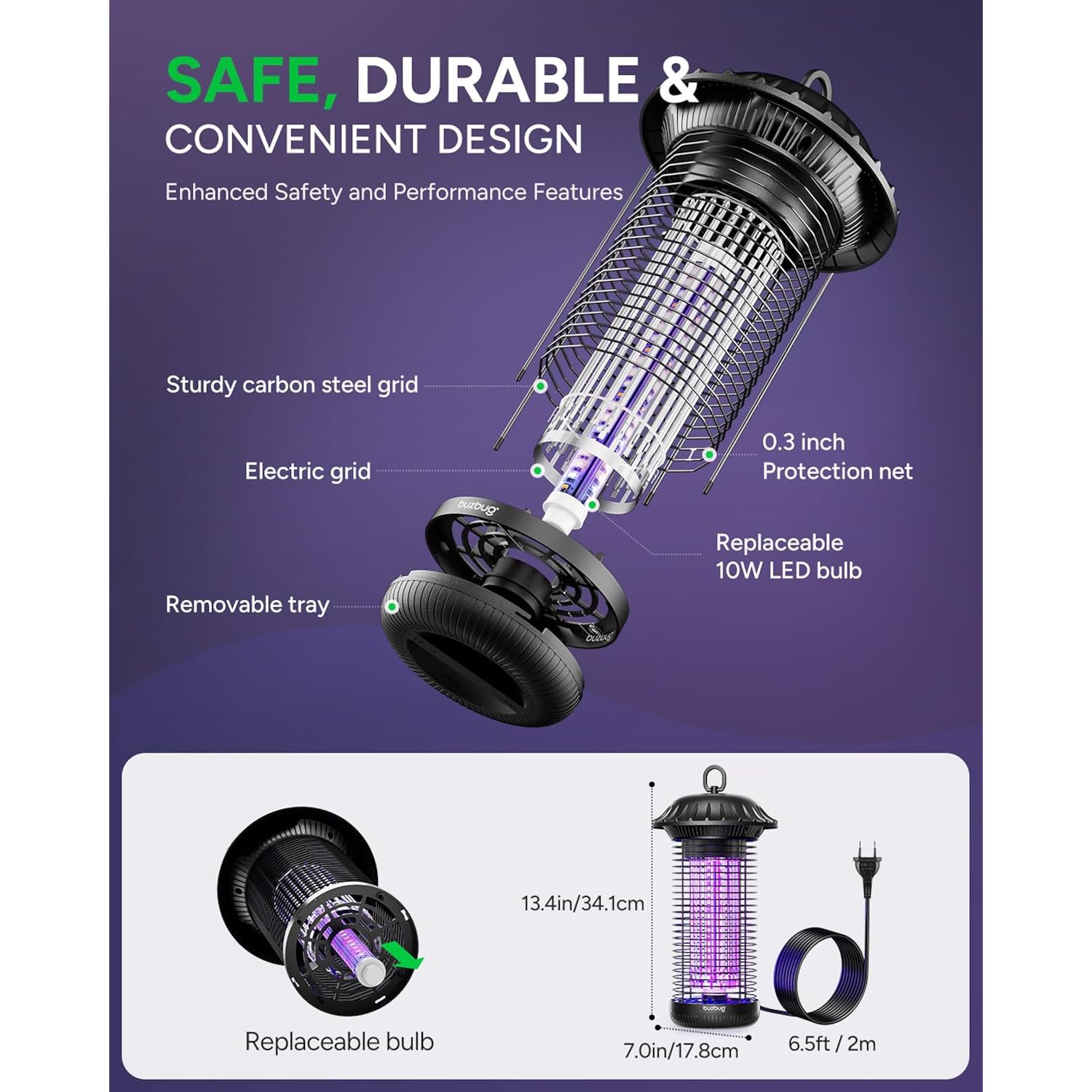 Buzbug Led Bug Zapper Indoor Outdoor, Up To 50000 Hrs Lifespan Lamp, Energy Saving & Dual Band Attraction, 5.6 Ft Power Cord, High Voltage Mosquito Fly Zapper Trap Killer -Mo008C