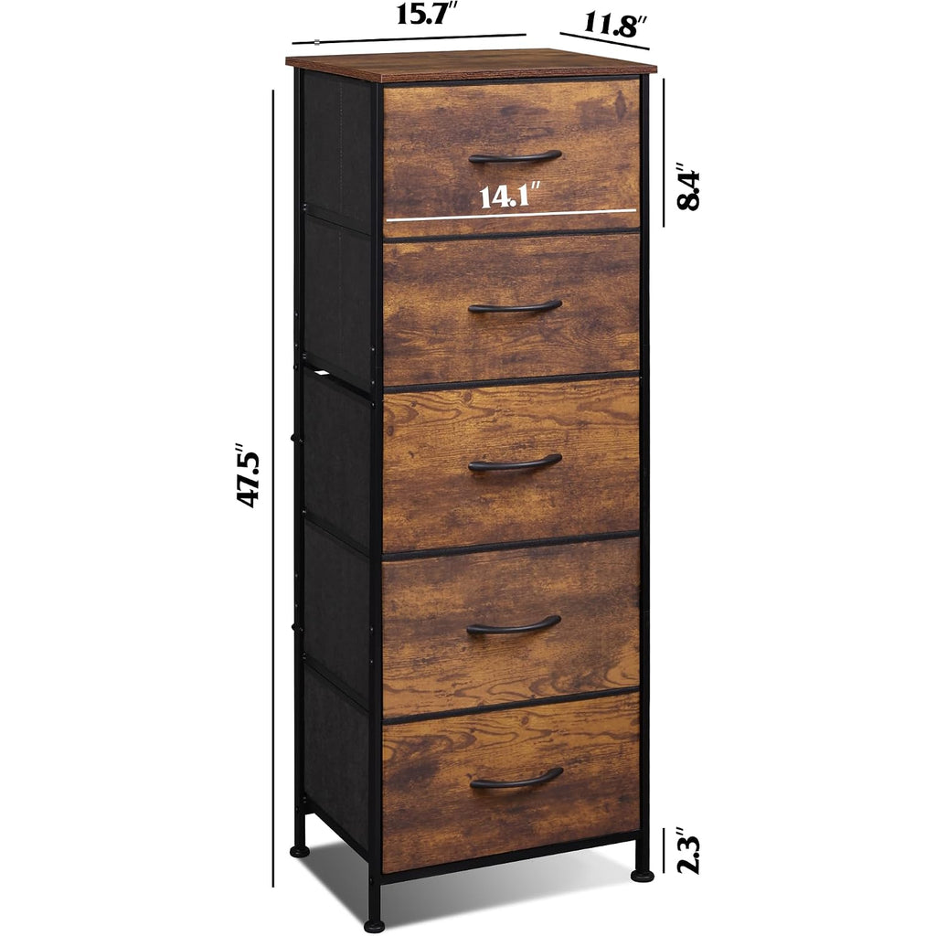 Wlive Fabric Dresser For Bedroom, 5-Drawer Tall Dressers, Storage Organizer With Fabric Bins, Wood Top, Sturdy Steel Frame, Chest Of Drawers For Closet, Hallway, Rustic Brown Wood Grain Print